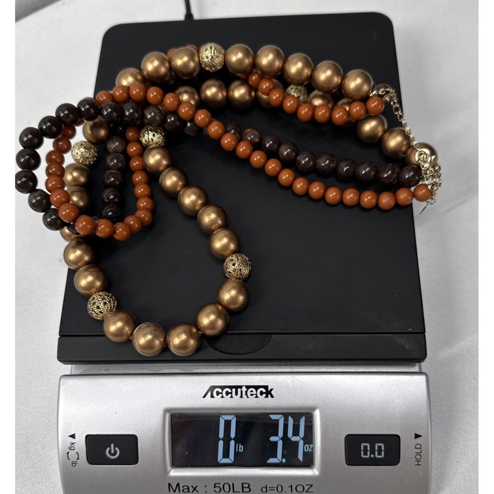 Multi‎ Strand Beaded Necklace Brown Gold Bronze Tone Earthy Statement - Picture 5 of 5